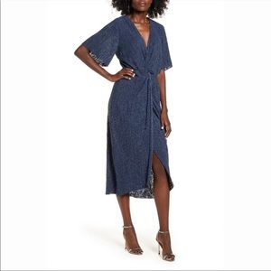 ALL IN FAVOR Dolman Plissé Navy Faux Wrap MIDI Dress Size M